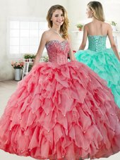Custom Designed Watermelon Red and Coral Red Sweetheart Neckline Beading 15th Birthday Dress Sleeveless Lace Up