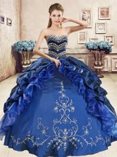 Wonderful Sleeveless Floor Length Beading and Embroidery and Pick Ups Lace Up 15th Birthday Dress with Navy Blue