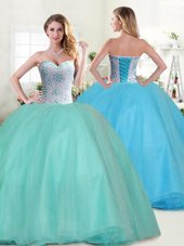 Super Apple Green Tulle Lace Up Sweet 16 Dress Sleeveless Floor Length Beading