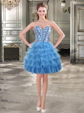 Affordable Blue Sleeveless Mini Length Beading and Ruffled Layers Lace Up Pageant Dress Womens