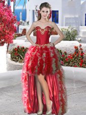High Low Red High School Pageant Dress Organza Sleeveless Appliques and Ruffles