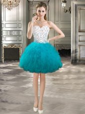 Teal Sleeveless Mini Length Beading and Ruffles Lace Up