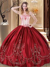 Designer Wine Red Lace Up Strapless Embroidery 15 Quinceanera Dress Taffeta Sleeveless