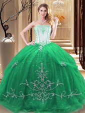 Green Tulle Lace Up Strapless Sleeveless Floor Length Sweet 16 Dresses Embroidery
