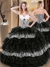 Affordable Printed Ruffled Floor Length Ball Gowns Sleeveless Black Quince Ball Gowns Lace Up