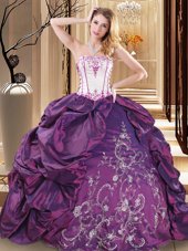 Purple Taffeta Lace Up Strapless Sleeveless Floor Length Quinceanera Dresses Embroidery