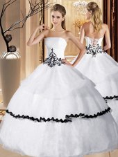 Stylish White Organza Lace Up Strapless Sleeveless Floor Length Quinceanera Gowns Appliques and Ruffled Layers