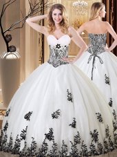 White Lace Up Quinceanera Gown Appliques Sleeveless Floor Length