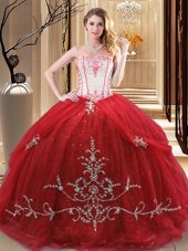 Customized Red Ball Gowns Embroidery Quinceanera Dresses Lace Up Tulle Sleeveless Floor Length