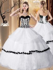 White Ball Gowns Sweetheart Sleeveless Organza Floor Length Lace Up Embroidery and Ruffled Layers 15th Birthday Dress