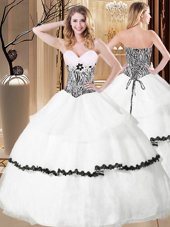 Spectacular Floor Length White 15th Birthday Dress Organza Sleeveless Ruffled Layers and Pattern