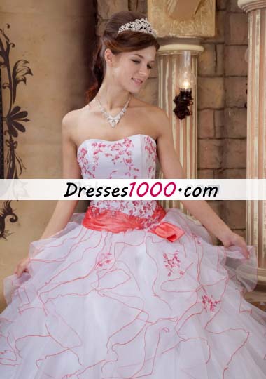 White Strapless Ruffles Organza Embroidery Quinceanera Dress