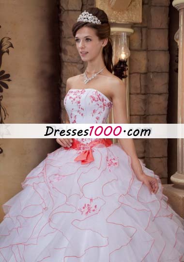 White Strapless Ruffles Organza Embroidery Quinceanera Dress