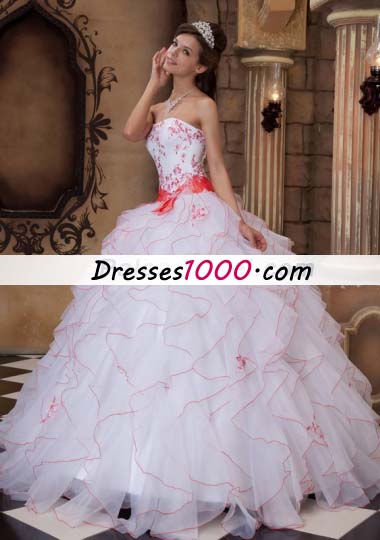 White Strapless Ruffles Organza Embroidery Quinceanera Dress