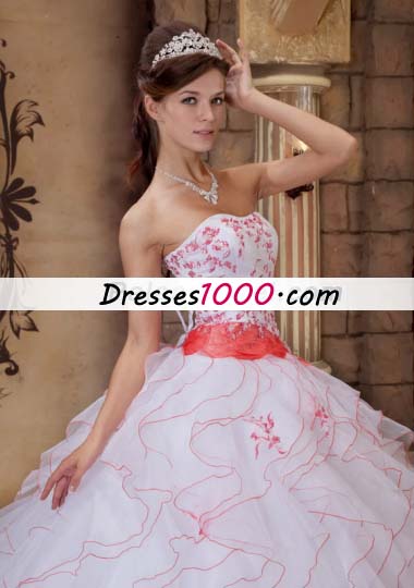 White Strapless Ruffles Organza Embroidery Quinceanera Dress