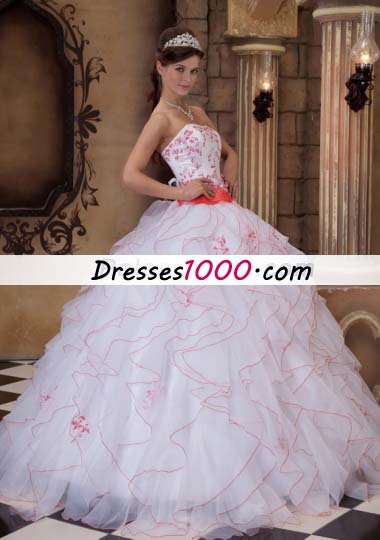 White Strapless Ruffles Organza Embroidery Quinceanera Dress