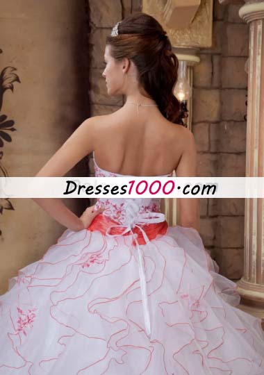 White Strapless Ruffles Organza Embroidery Quinceanera Dress