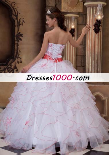 White Strapless Ruffles Organza Embroidery Quinceanera Dress