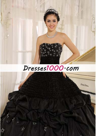 Black Appliques Taffeta Strapless Quinceanera Dress Ruched