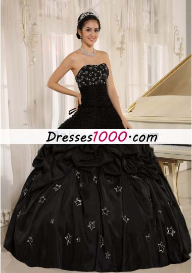 Black Appliques Taffeta Strapless Quinceanera Dress Ruched