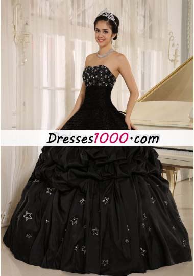 Black Appliques Taffeta Strapless Quinceanera Dress Ruched