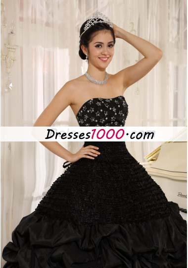 Black Appliques Taffeta Strapless Quinceanera Dress Ruched