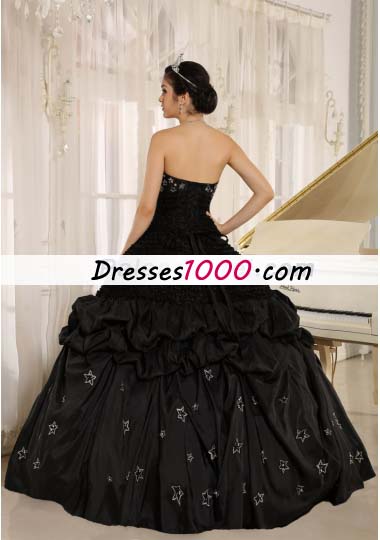 Black Appliques Taffeta Strapless Quinceanera Dress Ruched