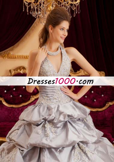 Halter Grey Layered Taffeta Sweet 15 Quinceanera Dress
