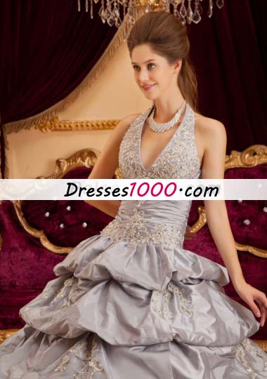 Halter Grey Layered Taffeta Sweet 15 Quinceanera Dress
