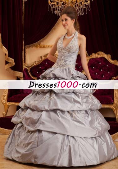 Halter Grey Layered Taffeta Sweet 15 Quinceanera Dress