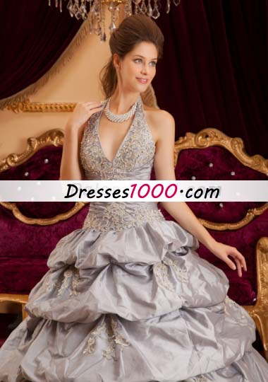 Halter Grey Layered Taffeta Sweet 15 Quinceanera Dress
