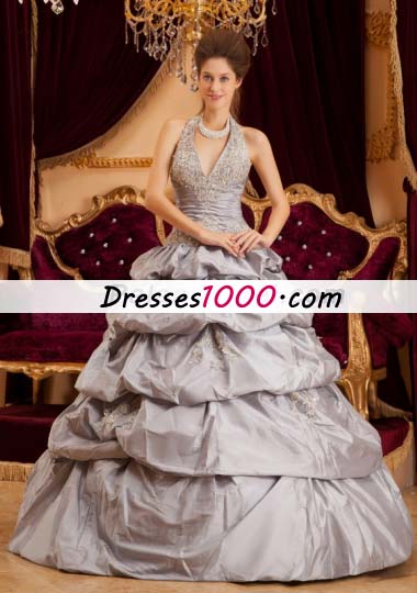 Halter Grey Layered Taffeta Sweet 15 Quinceanera Dress