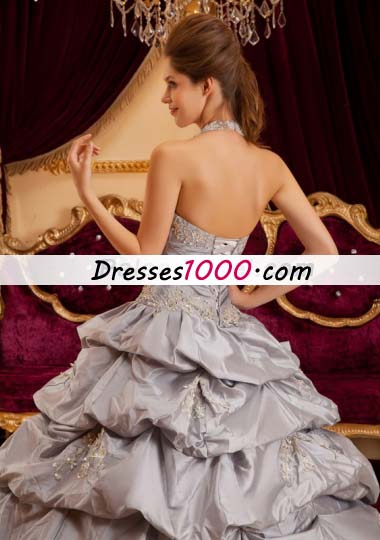 Halter Grey Layered Taffeta Sweet 15 Quinceanera Dress