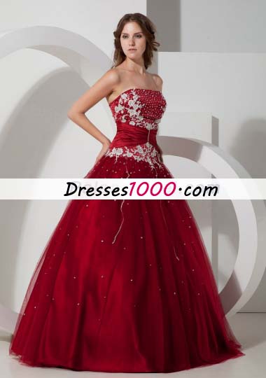 Wine Red Strapless Tulle Appliques 15 Quinceanera Dress