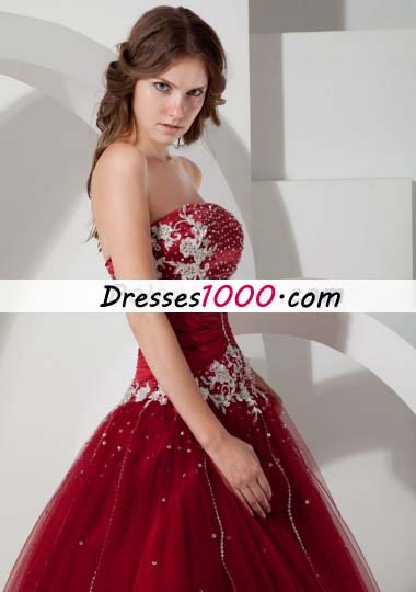 Wine Red Strapless Tulle Appliques 15 Quinceanera Dress
