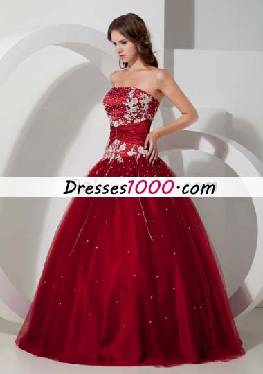 Wine Red Strapless Tulle Appliques 15 Quinceanera Dress