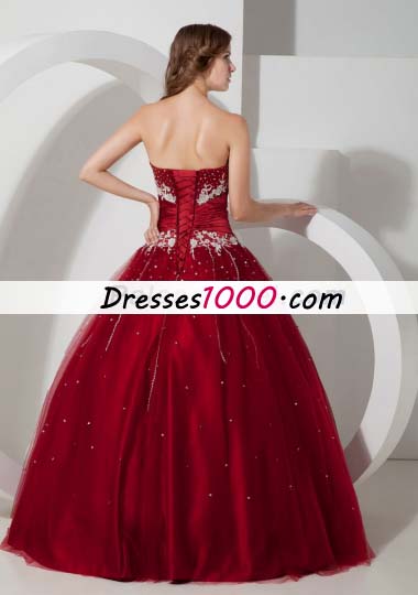 Wine Red Strapless Tulle Appliques 15 Quinceanera Dress