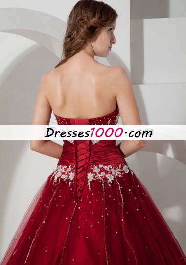 Wine Red Strapless Tulle Appliques 15 Quinceanera Dress