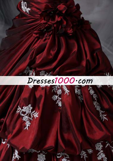 Appliques Burgundy Strapless Ruched Taffeta Quinceanera Dress