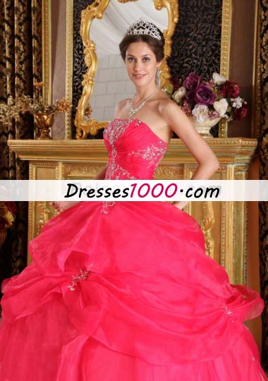 Pick Ups Coral Red Strapless Organza Appliques Quinceanera Dress