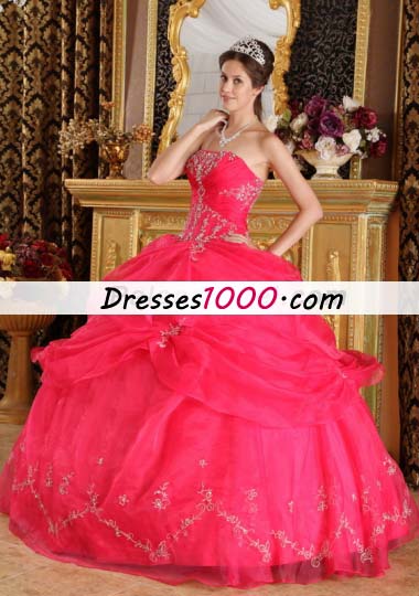 Pick Ups Coral Red Strapless Organza Appliques Quinceanera Dress