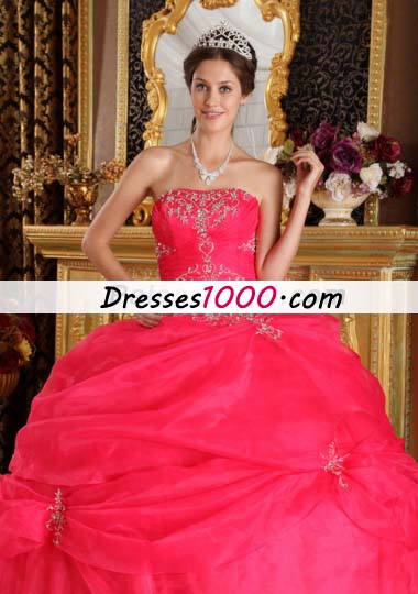 Pick Ups Coral Red Strapless Organza Appliques Quinceanera Dress