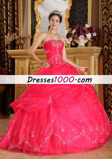 Pick Ups Coral Red Strapless Organza Appliques Quinceanera Dress
