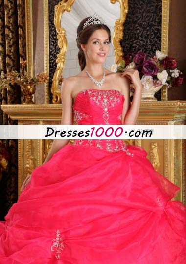 Pick Ups Coral Red Strapless Organza Appliques Quinceanera Dress