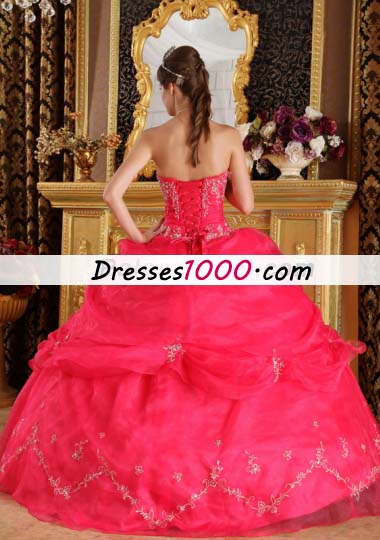 Pick Ups Coral Red Strapless Organza Appliques Quinceanera Dress