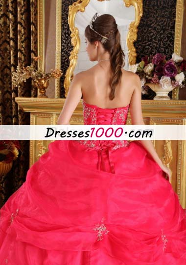 Pick Ups Coral Red Strapless Organza Appliques Quinceanera Dress