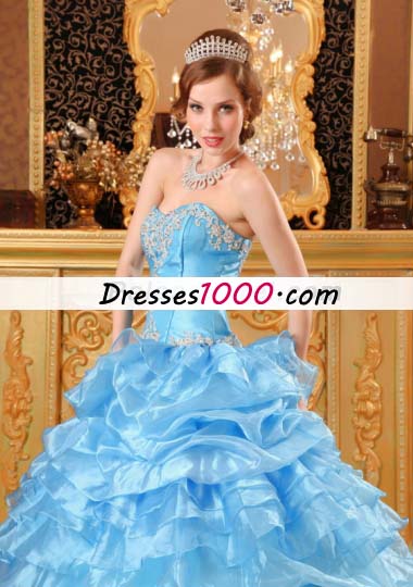 Aqua Blue Sweet 15 Quinceanera Dress Organza Ruffled