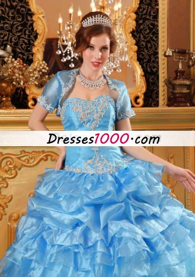 Aqua Blue Sweet 15 Quinceanera Dress Organza Ruffled