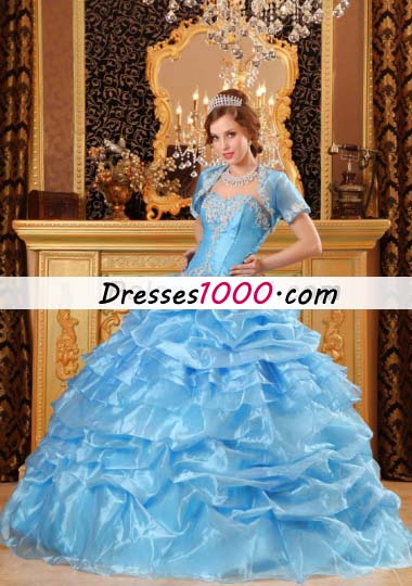 Aqua Blue Sweet 15 Quinceanera Dress Organza Ruffled