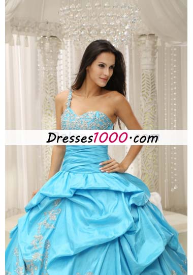 Aqua One Shoulder Appliques Quinceanera Dress Pick Ups